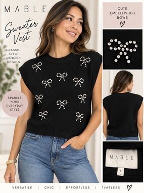 🎀 MABLE Black Rhinestone Bow Sweater Vest – Size Small
